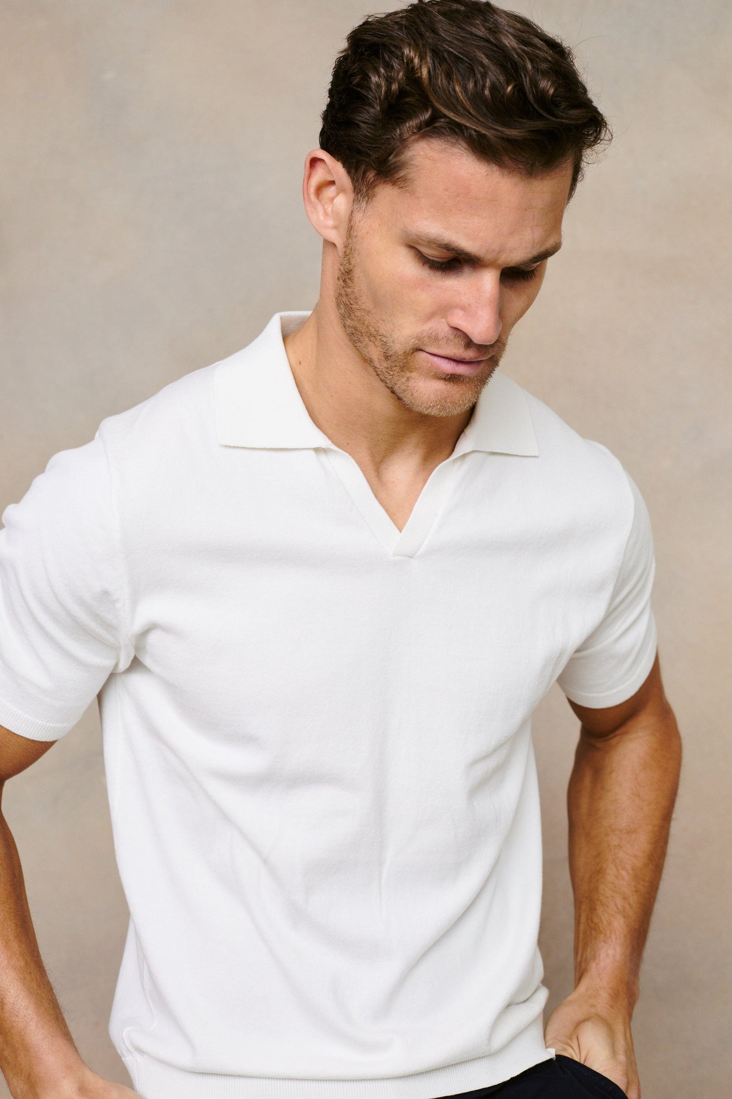 Privia Knitted Open Neck Polo - Ecru