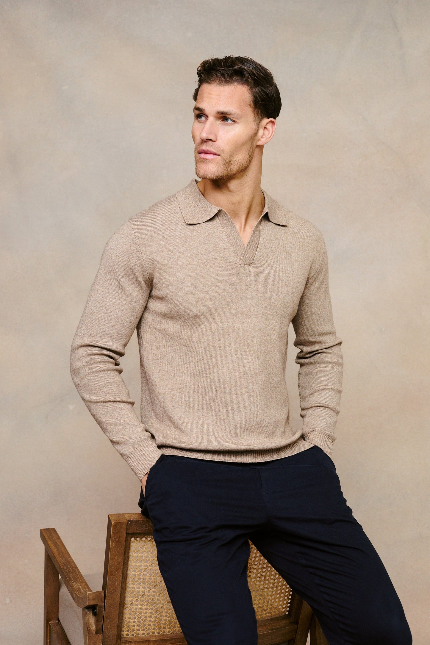 Lennon Open Collar Polo - Biscuit Beige