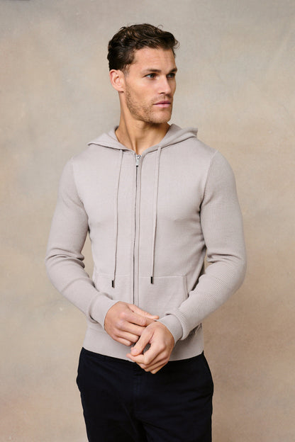 Nolan Knitted Zip Through Hoodie - Taupe