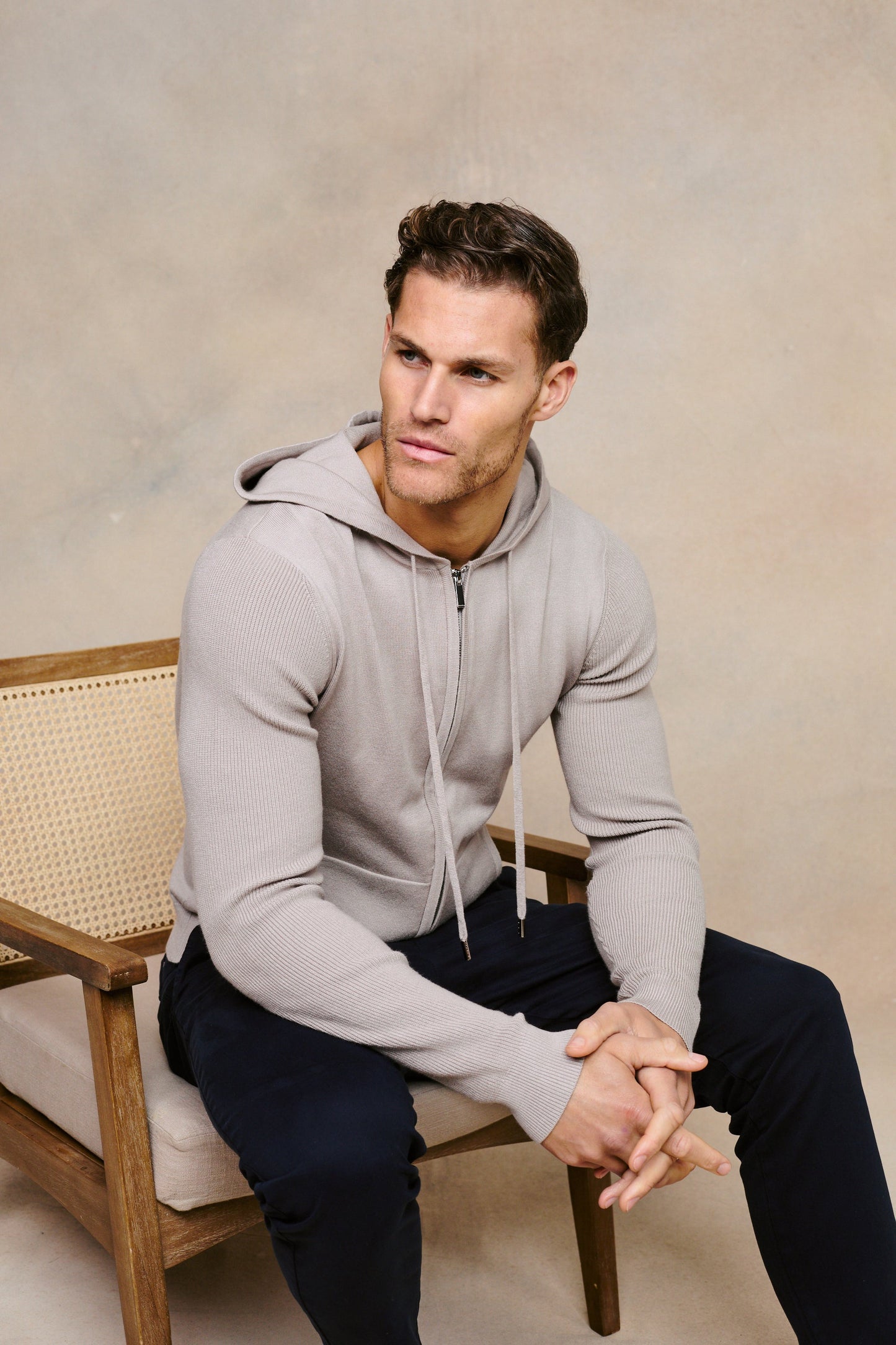 Nolan Knitted Zip Through Hoodie - Taupe