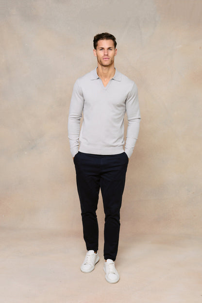 Knitted Long Sleeve Open Collar Polo - Light Grey