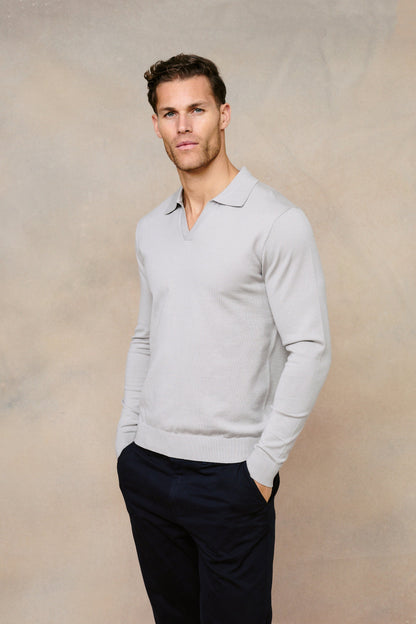 Knitted Long Sleeve Open Collar Polo - Light Grey