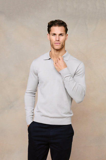 Knitted Long Sleeve Open Collar Polo - Light Grey