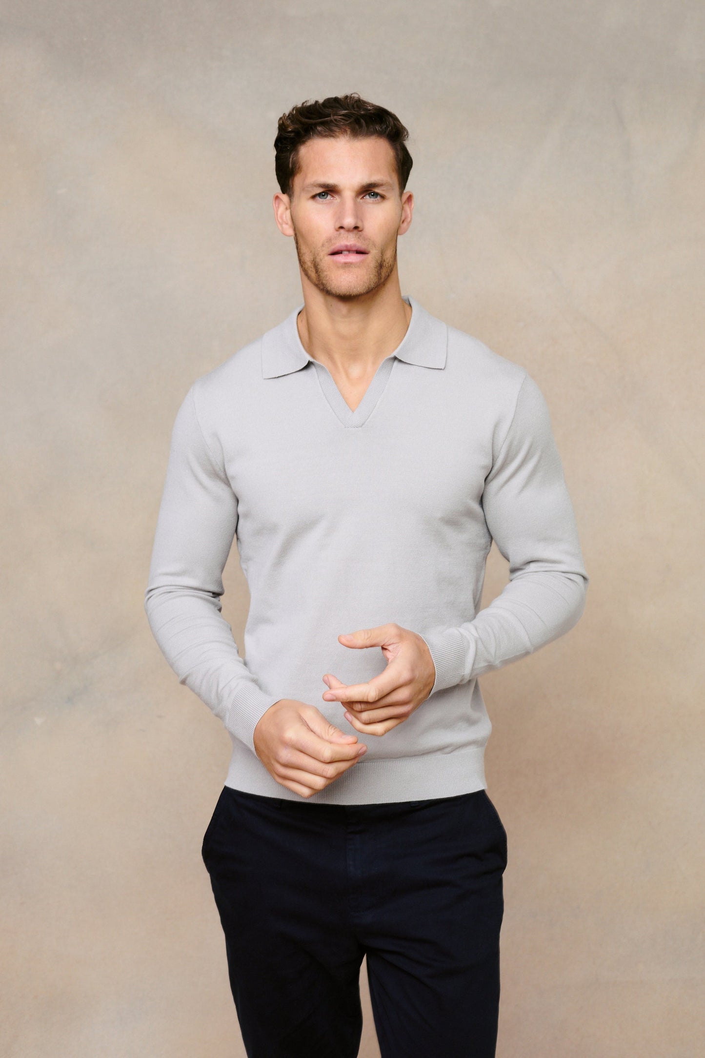 Knitted Long Sleeve Open Collar Polo - Light Grey