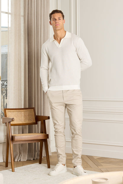 Kai Textured Long Sleeve Open Collar Polo - Beige/Ecru