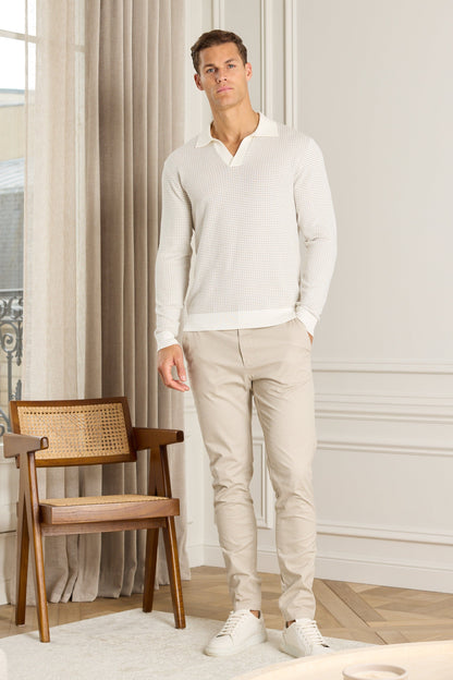 Kai Textured Long Sleeve Open Collar Polo - Beige/Ecru