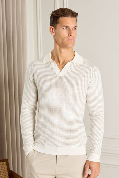 Kai Textured Long Sleeve Open Collar Polo - Beige/Ecru