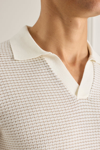 Kai Textured Long Sleeve Open Collar Polo - Beige/Ecru