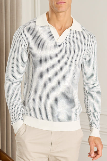 Kai Textured Long Sleeve Open Collar Polo - Navy/Ecru